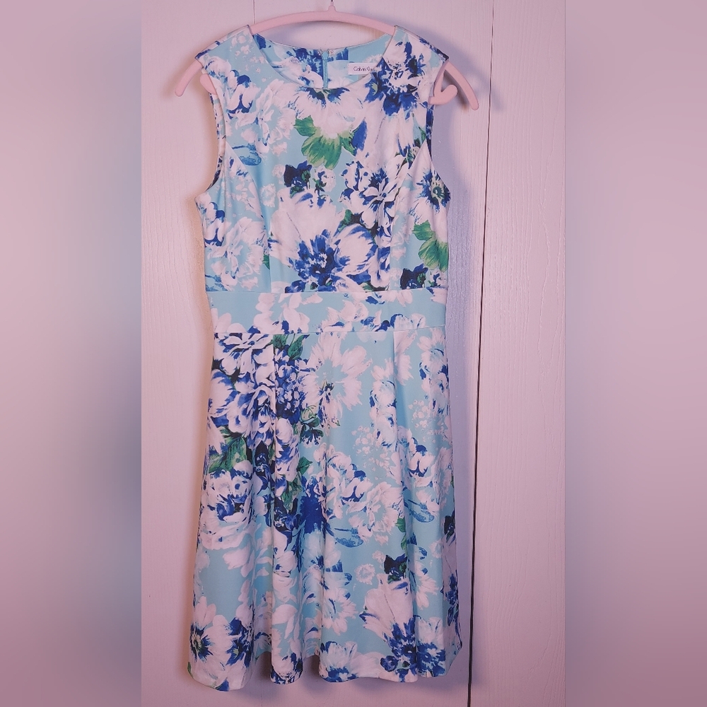 Calvin Klein Floral Sleeveless Fit and Flare Dress Size 8 Green Blue Sea Glass - Picture 3 of 14